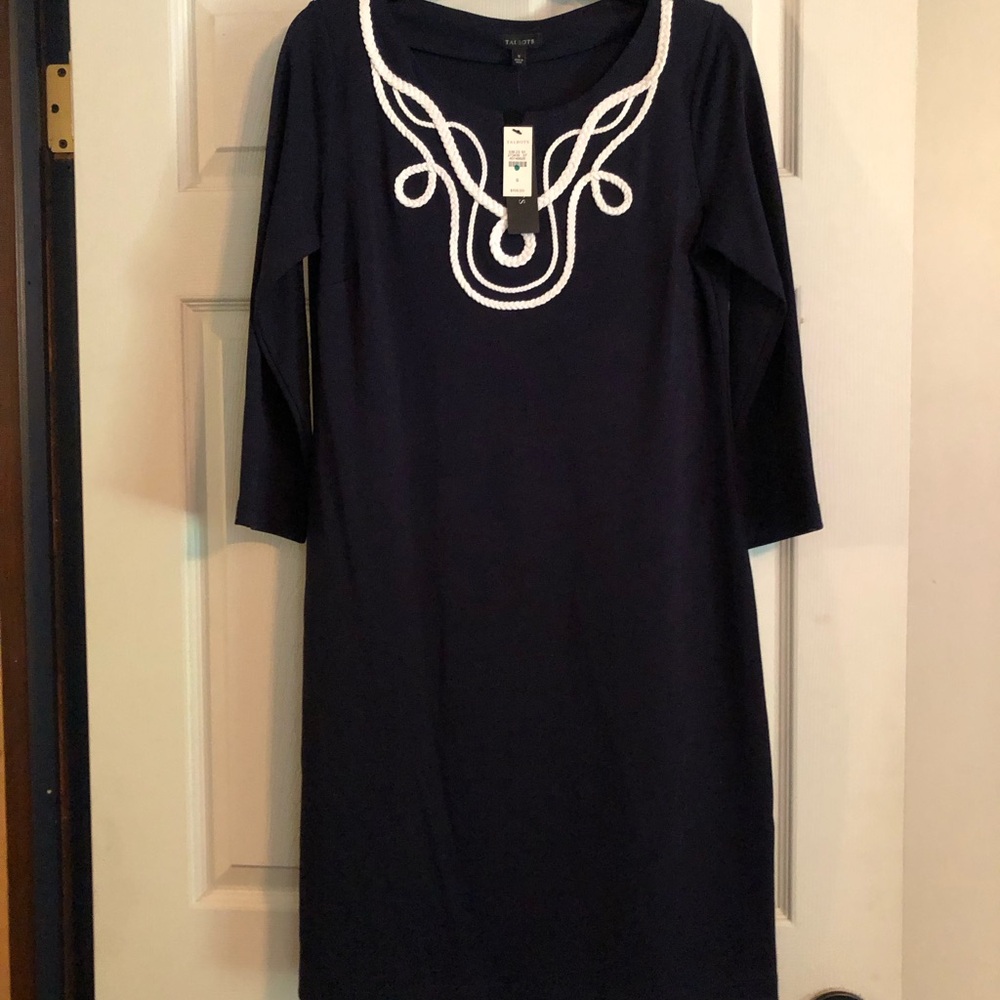 Navy dress with white embroidery